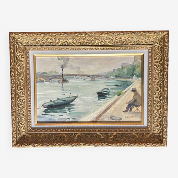 Pont et bateaux fluviaux, peinture à l’huile impressionniste