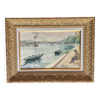 Pont et bateaux fluviaux, peinture à l’huile impressionniste