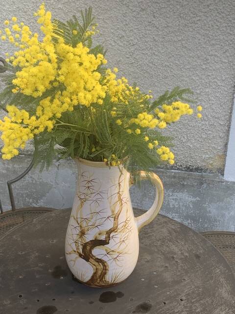 Vase, enameled ceramic jug, chiseled tree motif, west germany vintage 1970, numbered 3047