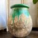 Biot jar, plant pot in beige and green glazed ceramic