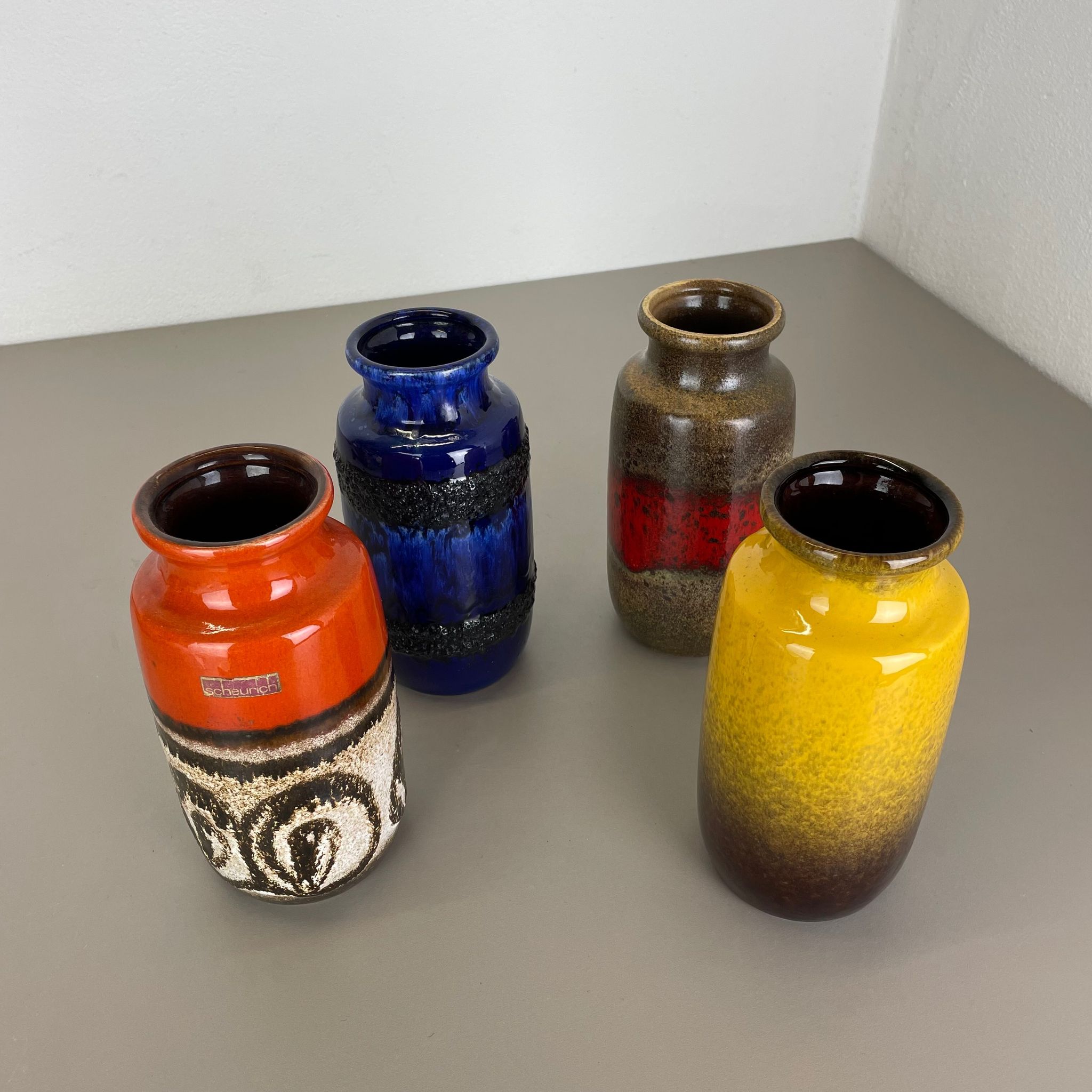 Set of Four Vintage Pottery Fat Lava Vases Made by Scheurich, Germany, 1970s