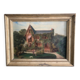 19th century French oil painting, a house and its garden, 1874