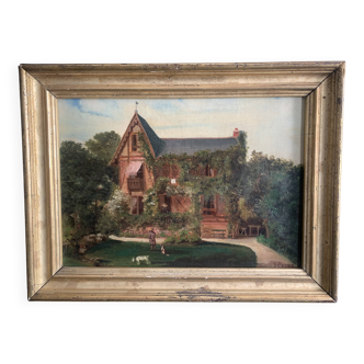 19th century French oil painting, a house and its garden, 1874