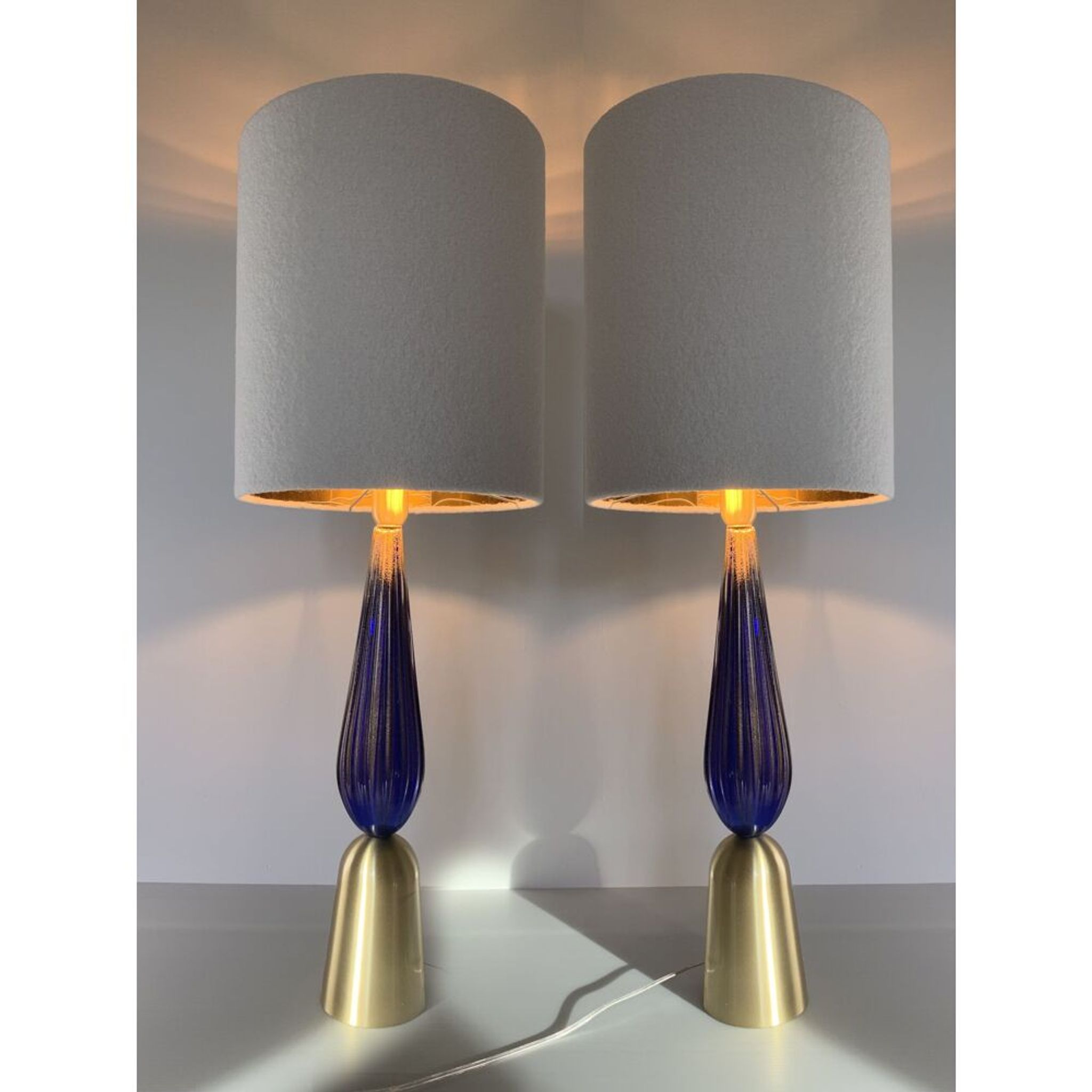 Murano glass table lamps Blu and gold with Bouclé lamp Lampshde by SimoEng
