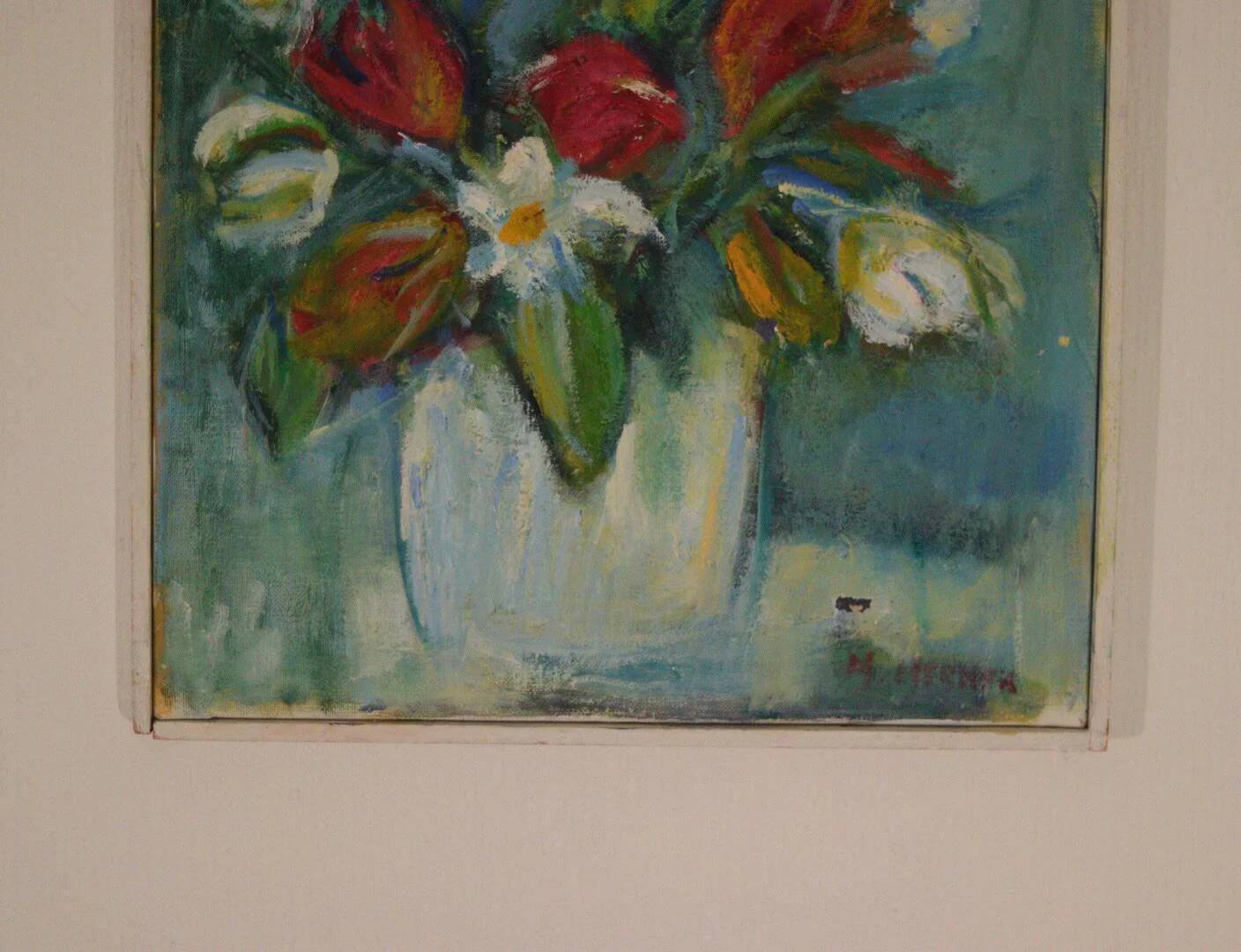 Oil on Swedish canvas "Vase and Flowers" by M. Hernek