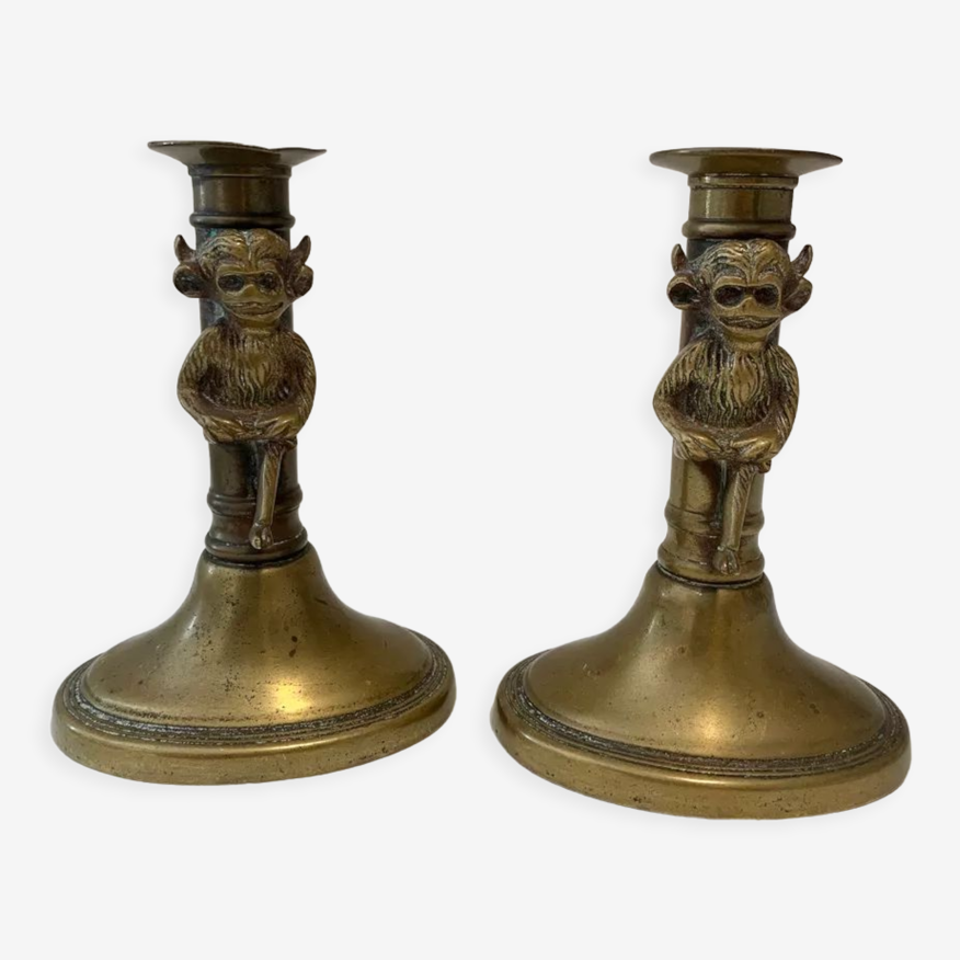 Pair of grotesque brass candlesticks lincoln imp 1880-1890