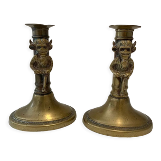 Pair of grotesque brass candlesticks lincoln imp 1880-1890
