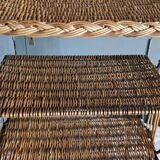 Small antique piece of furniture from the 1960s made of rattan and wrought iron in the shape of a lyre.