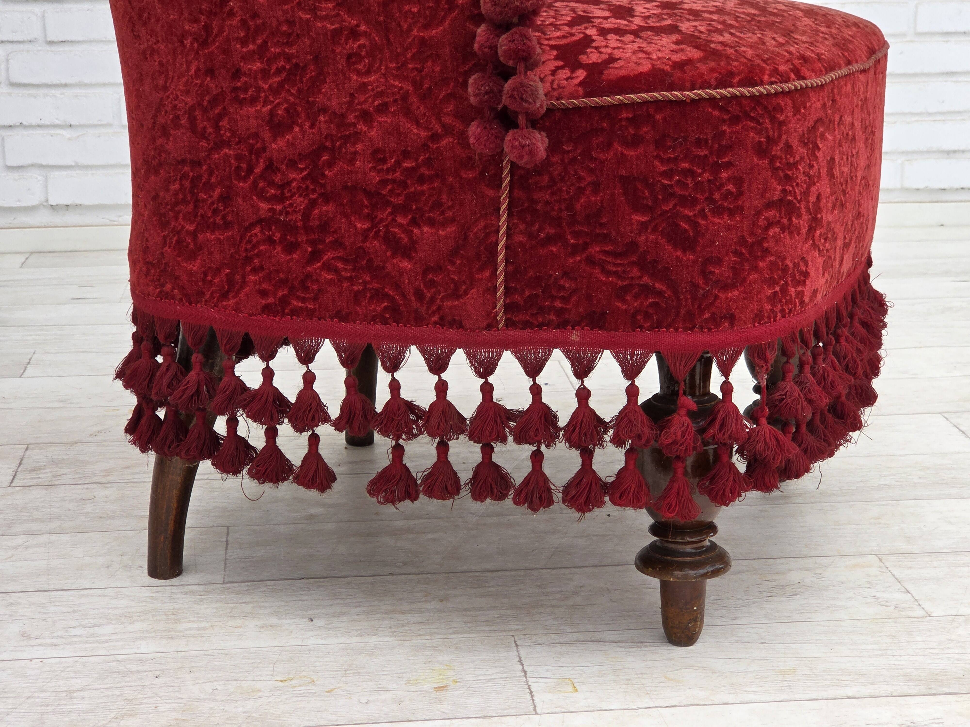 1950s, Danish armchair, furniture velour, beech wood legs.