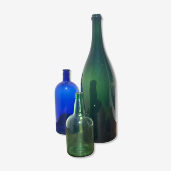 3x bouteilles en vert &bleu comme base pour lampes