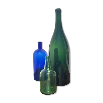 3x bouteilles en vert &bleu comme base pour lampes