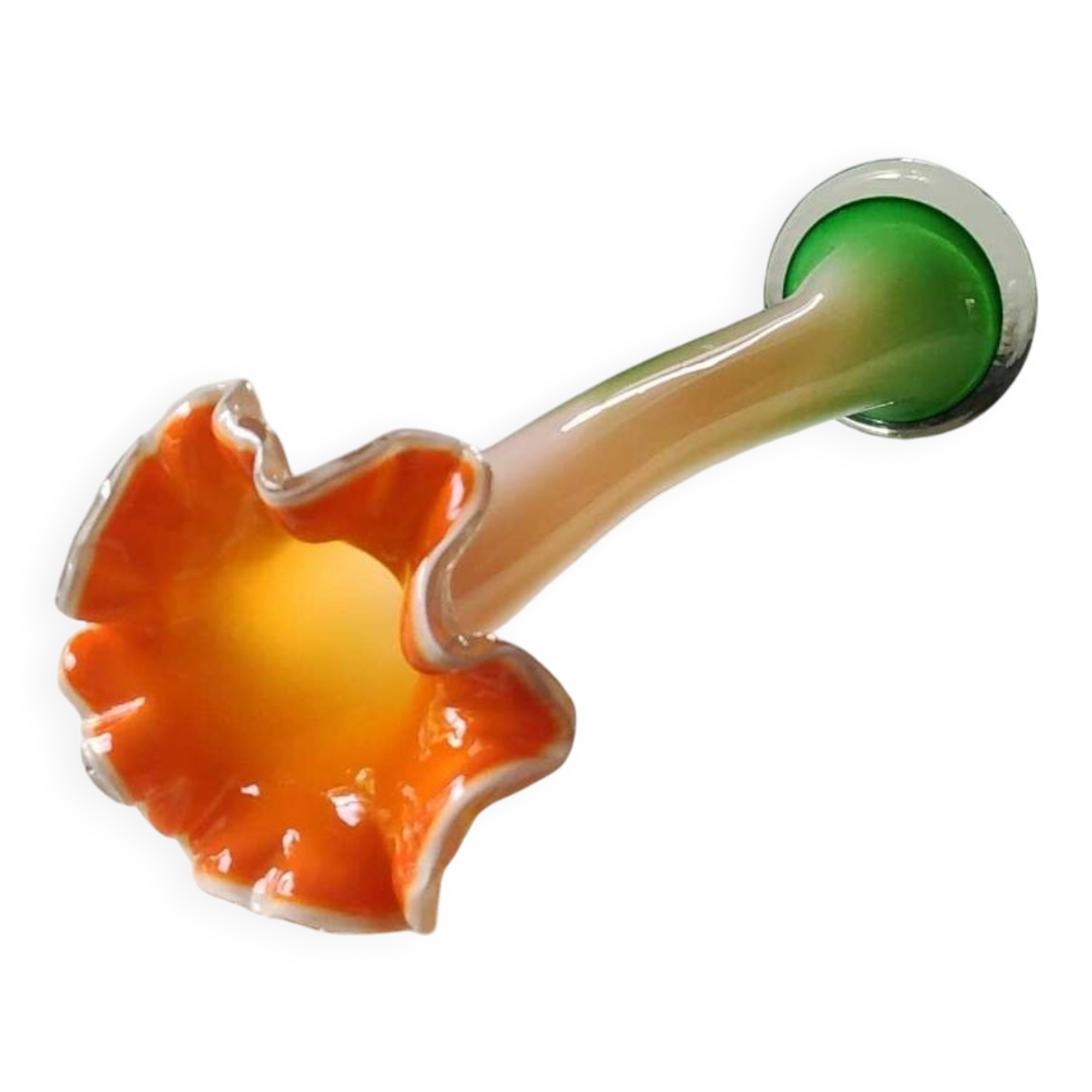 Large Floral Shaped Vase/Ruffled Neck. Blown/opaline art glass. Green/orange tones. Height 39.5 cm