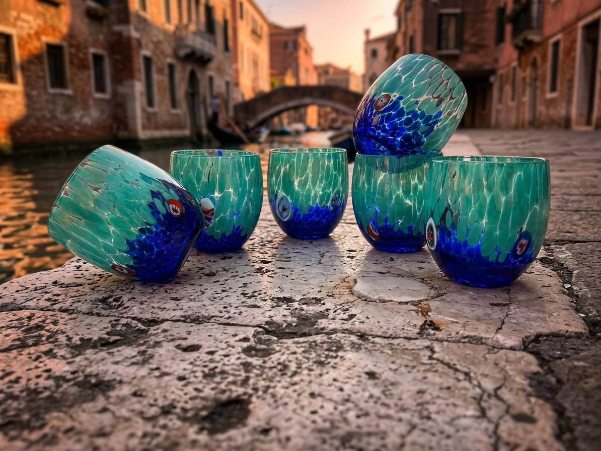 Set of 6 blown glass glasses from Venice with Effetre Murano murrine.