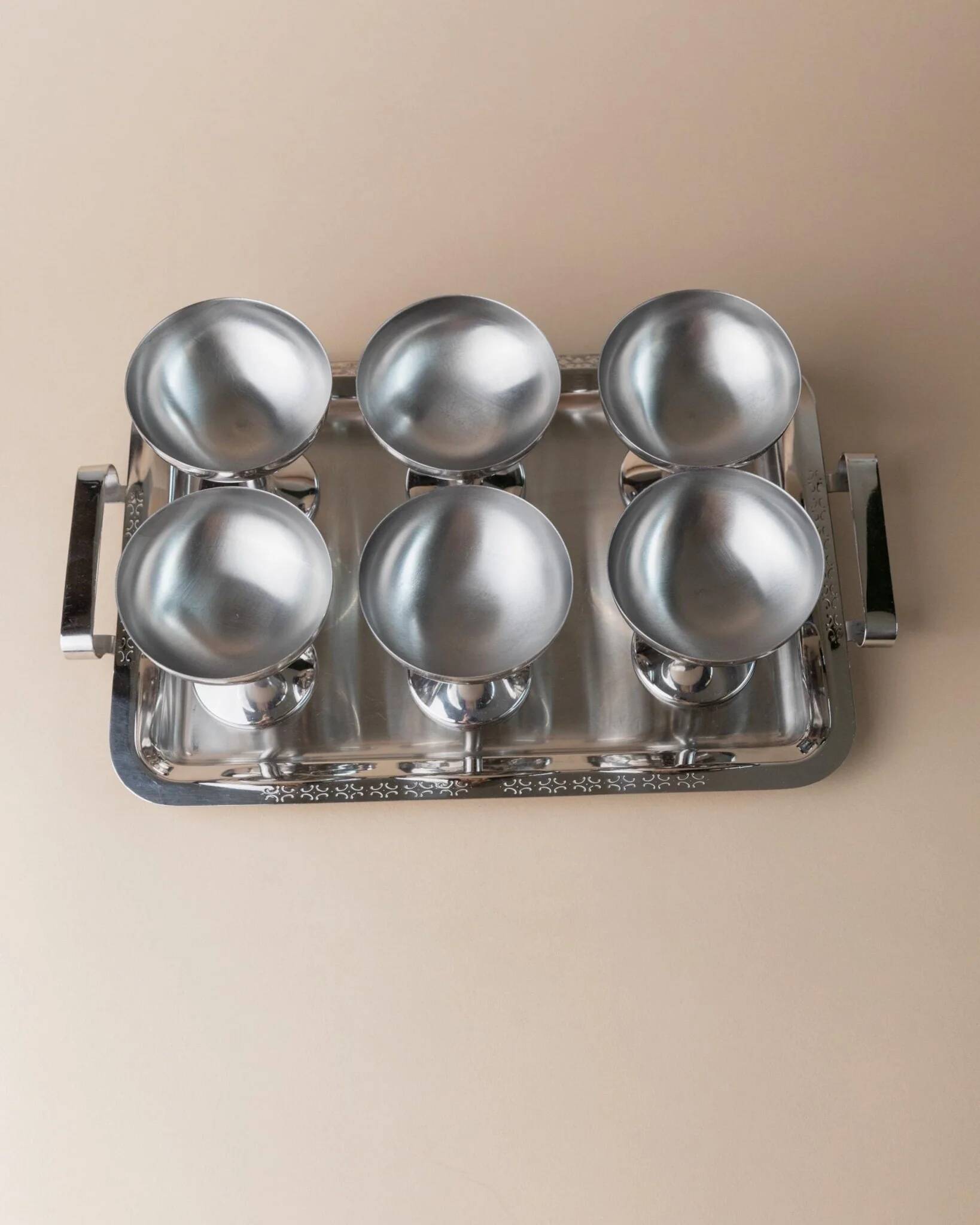 Silver-tone Stainless Steel Vintage Drinking Set for 6 with Tray, 1970s Italian Minimalist Design
