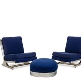 Pair of armchairs and pouf in chrome steel. 1970s, Valérian Rybar.