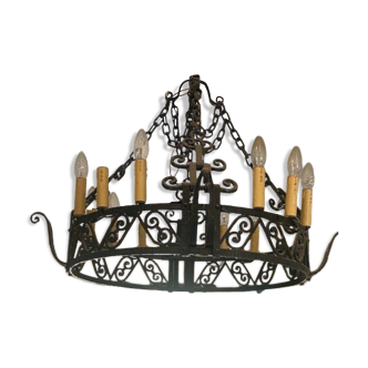 Lustre couronne plafonnier a suspension art déco 1930 en fer forgé