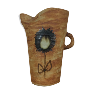 Brutalist stoneware pitcher, flower decoration, Poterie de la Colombe Vallauris