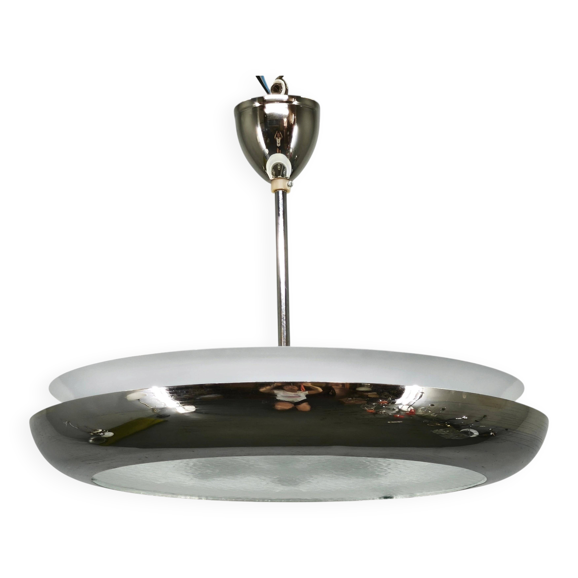 1930s Bauhaus UFO Chrome and Glass Pendant Light, Czechoslovakia