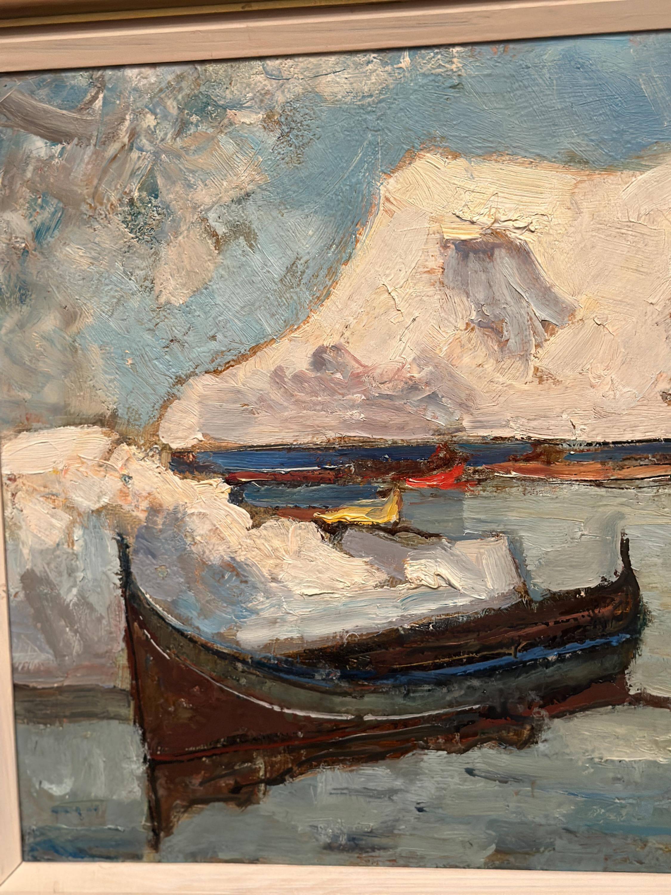 Original Swedish Oil on Panel – “Winter Harbor” by Knut Norman – Signed – Vintage & Framed