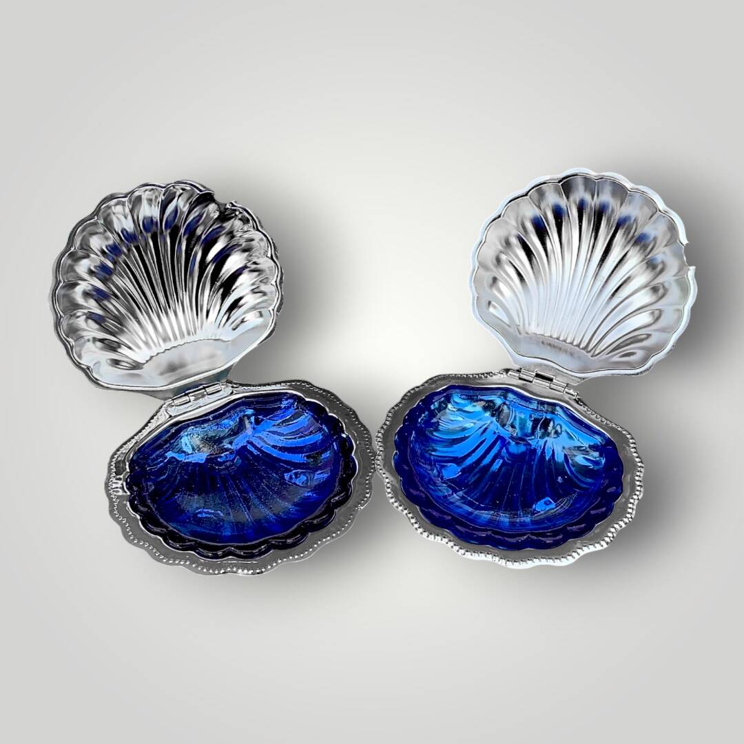 Set of 2 vintage shell butter dishes in stainless steel and cobalt blue glass