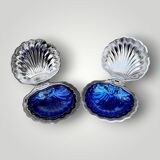 Set of 2 vintage shell butter dishes in stainless steel and cobalt blue glass