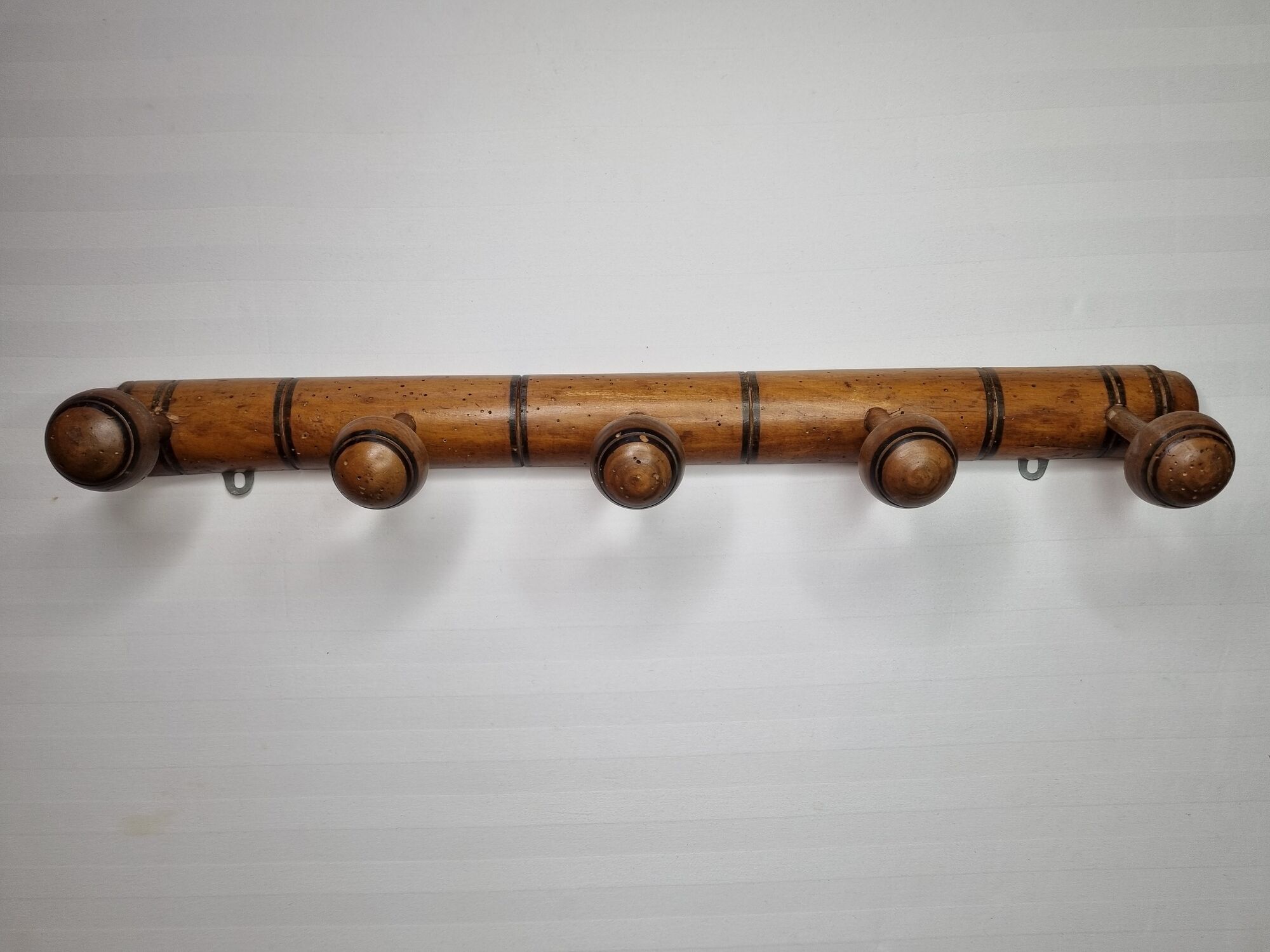 Old wooden coat rack turned in imitation of bamboo, 5 hooks, 63 cm