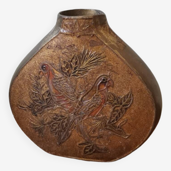 Brass vase with vintage cloisonné enamel bird, parakeet and plant motif