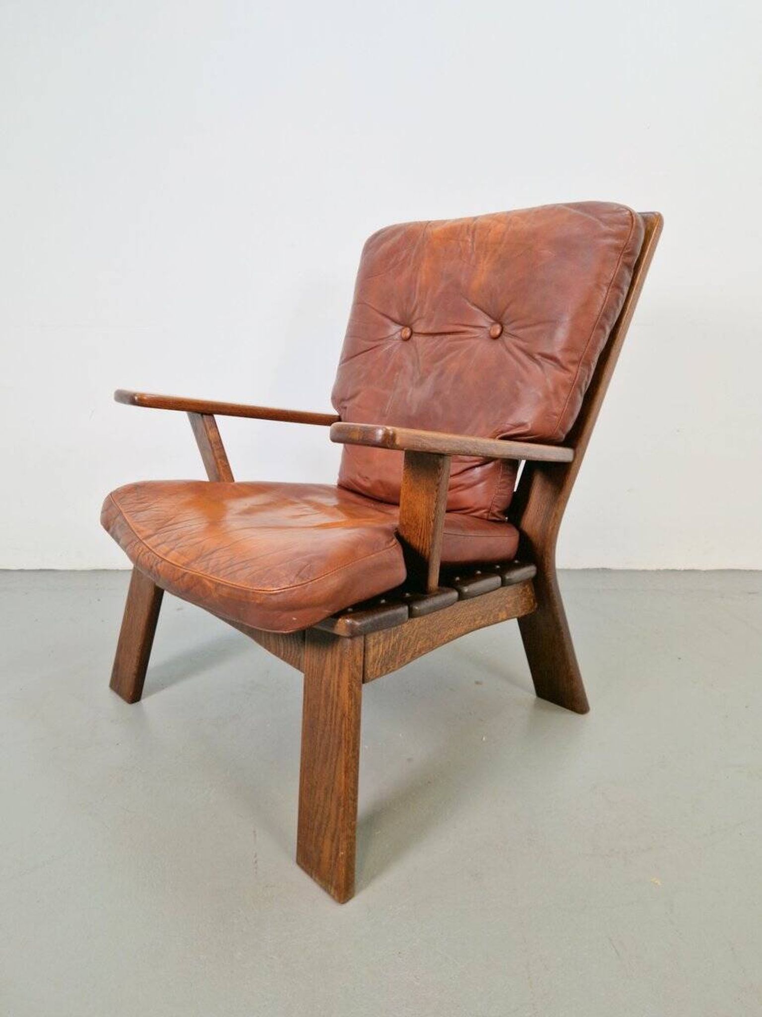 Brutalist Wood Armchair with Brown Leather Upholstery, Germany, 1960s