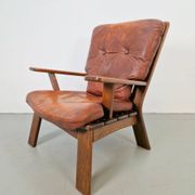 Brutalist Wood Armchair with Brown Leather Upholstery, Germany, 1960s