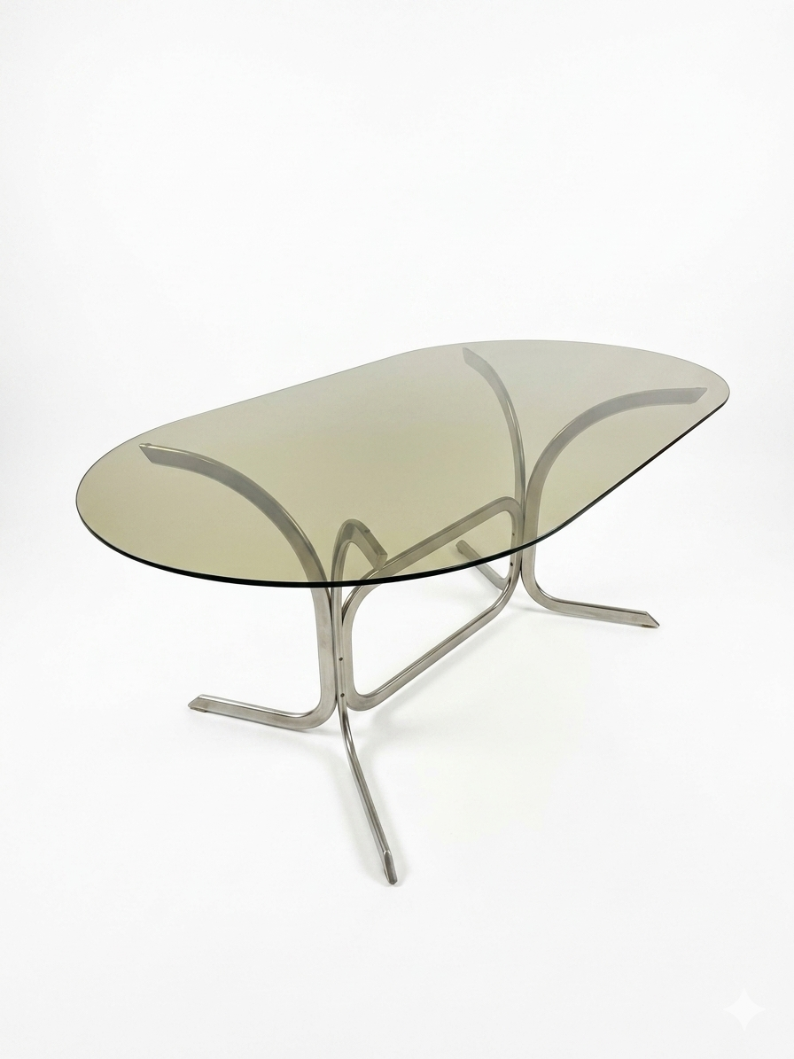 Silver metal table with smoked glass top from the 1970s.