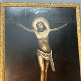 Beautiful religious work from the 17th century, oil on panel representing Christ on his cross with Mary Magdalene at his feet