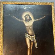 Beautiful religious work from the 17th century, oil on panel representing Christ on his cross with Mary Magdalene at his feet
