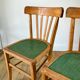 Pair of bistro chairs in light curved wood and green seat 1950s