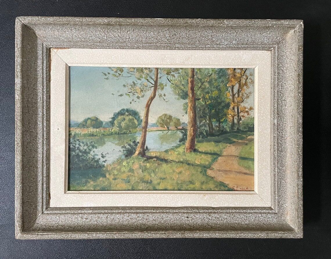1940s French Landscape oil painting on canvas River, trees and path