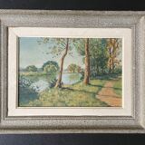 1940s French Landscape oil painting on canvas River, trees and path