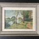 1940s French Landscape oil painting on canvas River, trees and path
