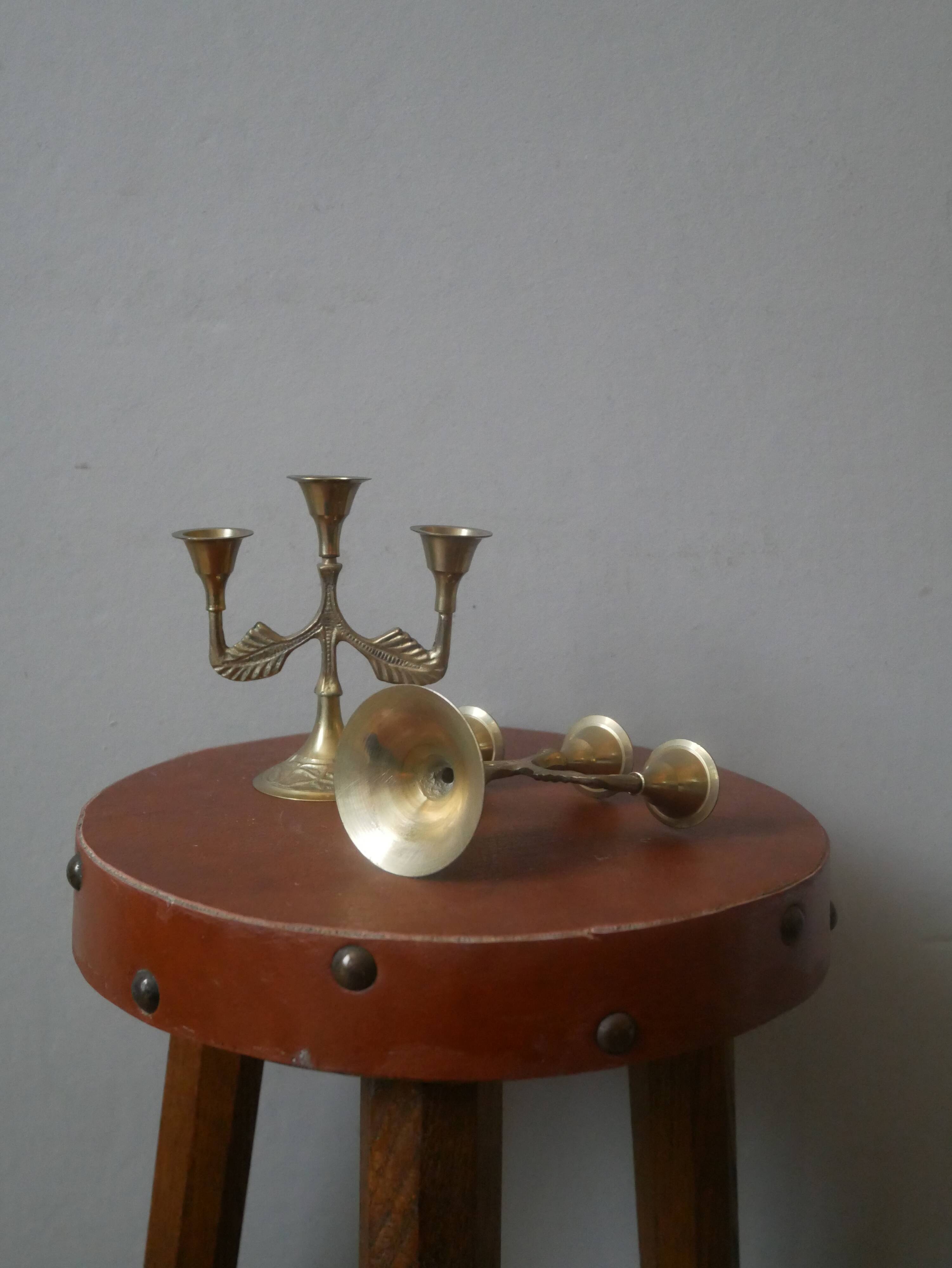 Pair of brass candlesticks in gold metal, Scandinavian bohemian decoration, old candlesticks