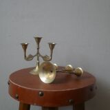 Pair of brass candlesticks in gold metal, Scandinavian bohemian decoration, old candlesticks