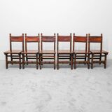 Set of 6 dining chairs in wood and brown leather, late 19th century