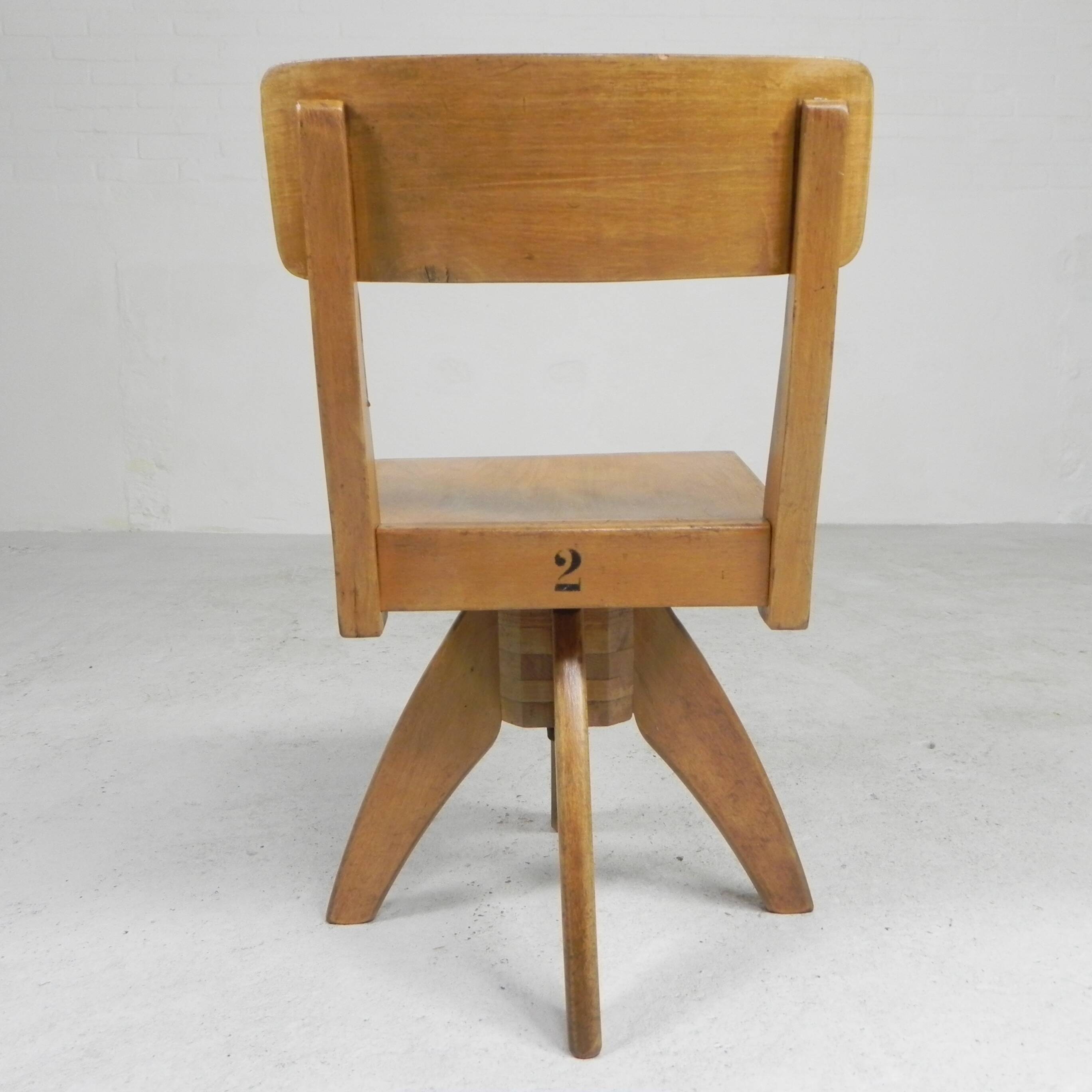 Wooden high chair, swivel chair, school chair, 1950s