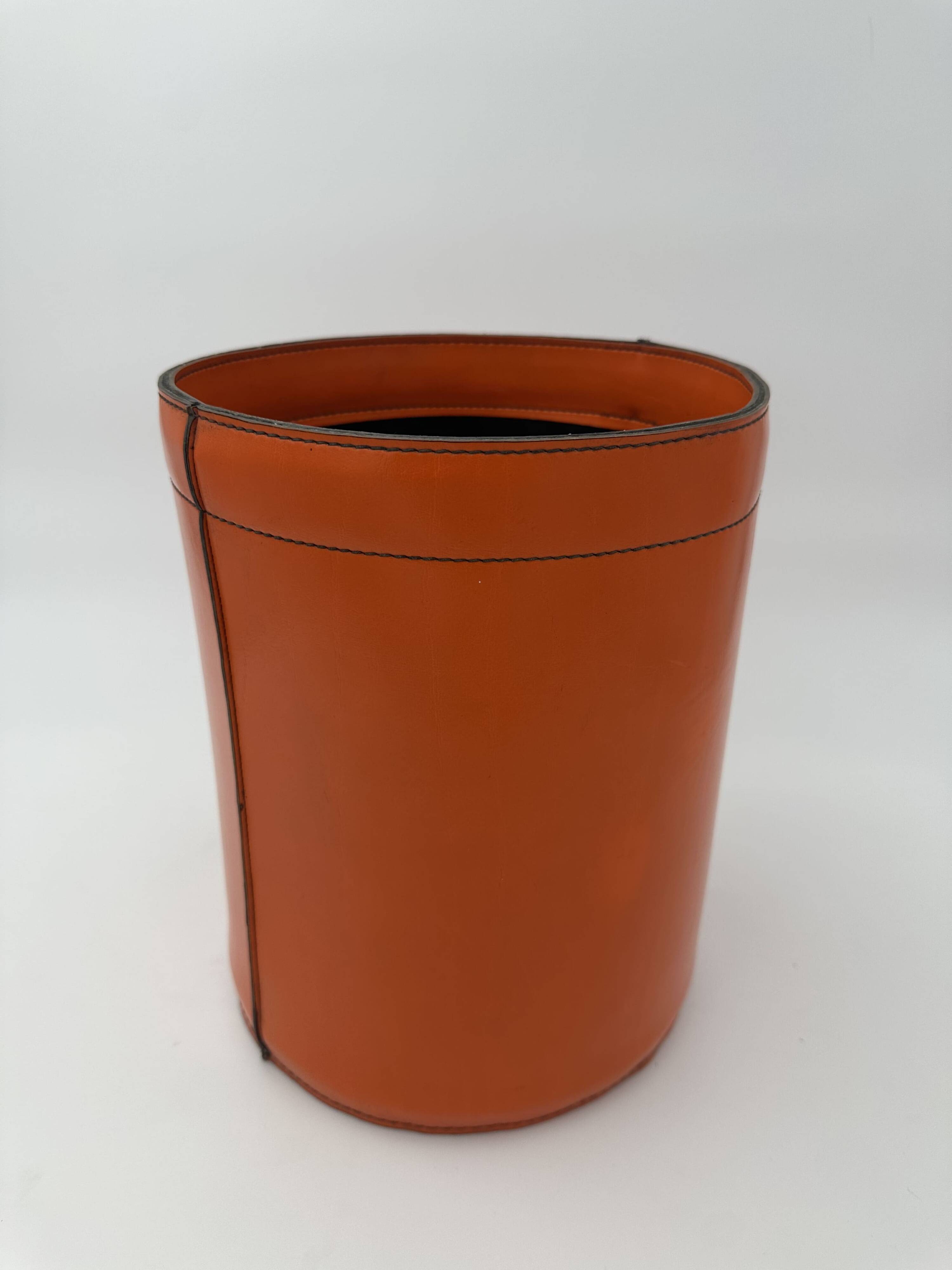Orange Leather Waste Paper Basket in the Style of a Saddler, in the Taste of Hermès, Ann