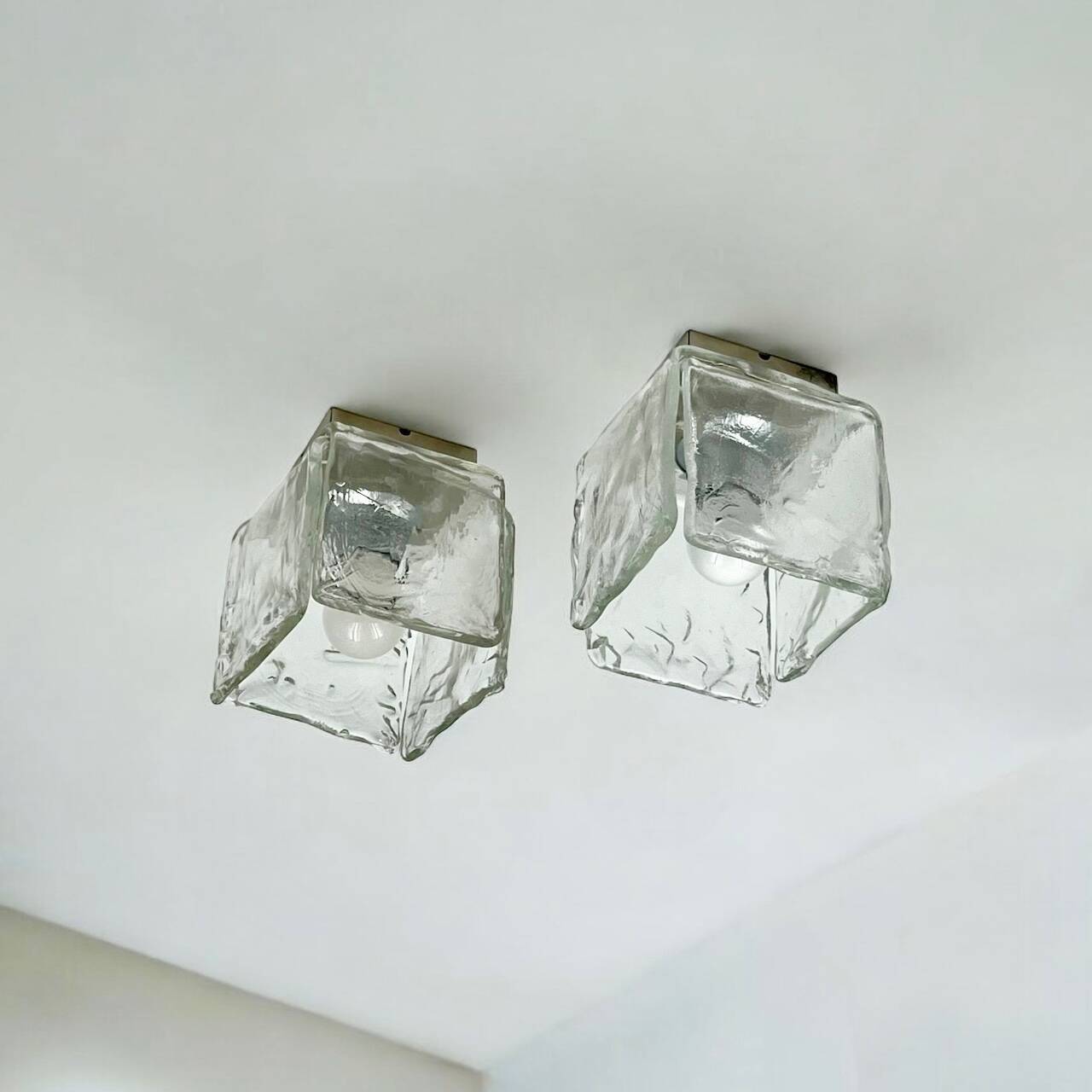 Vintage 70s Handmade Murano Ice Glass Wall or Ceiling Lamps by Toso