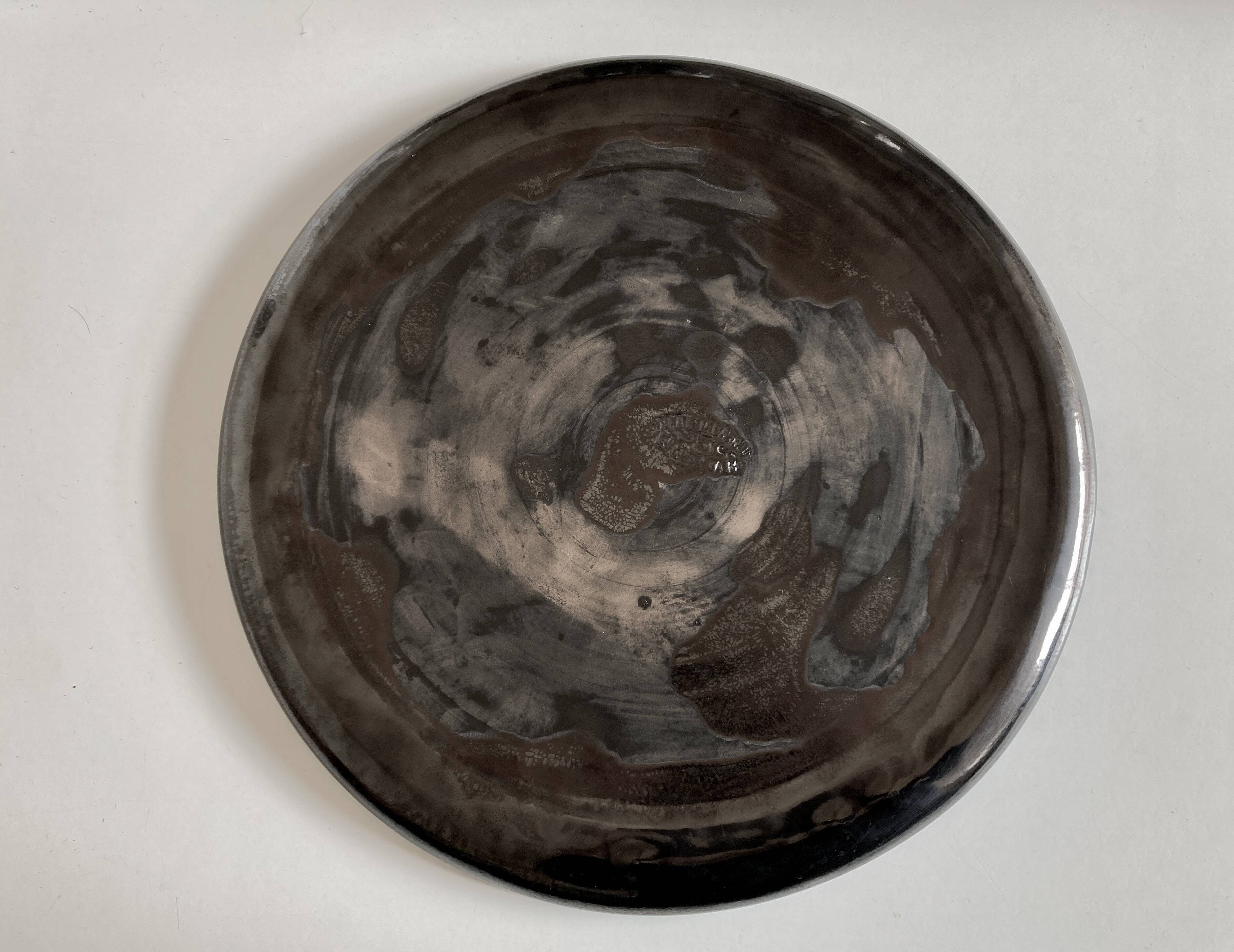 XXL Beretta Vallauris 1960 black glazed earthenware tray D34cm