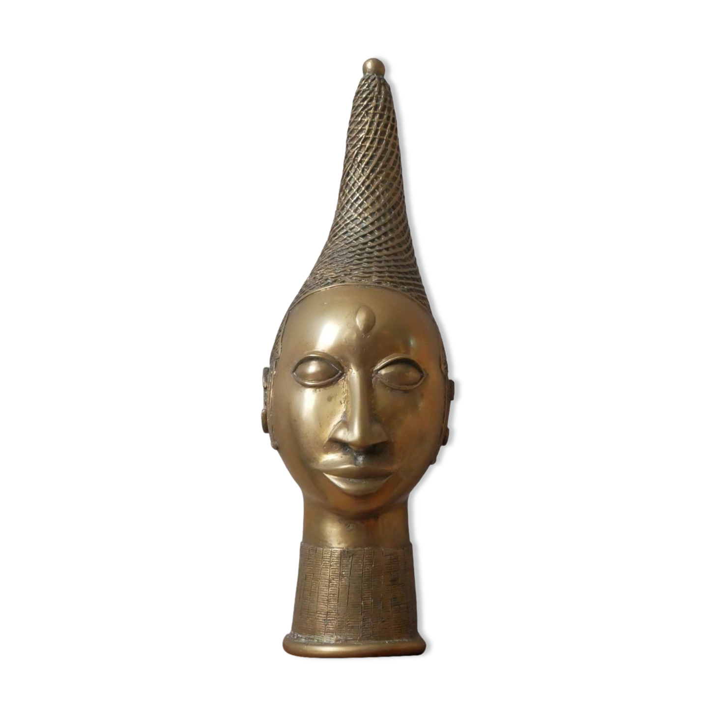 Bronze African art tribal ethnic decorative object handcrafted head of queen Benin
