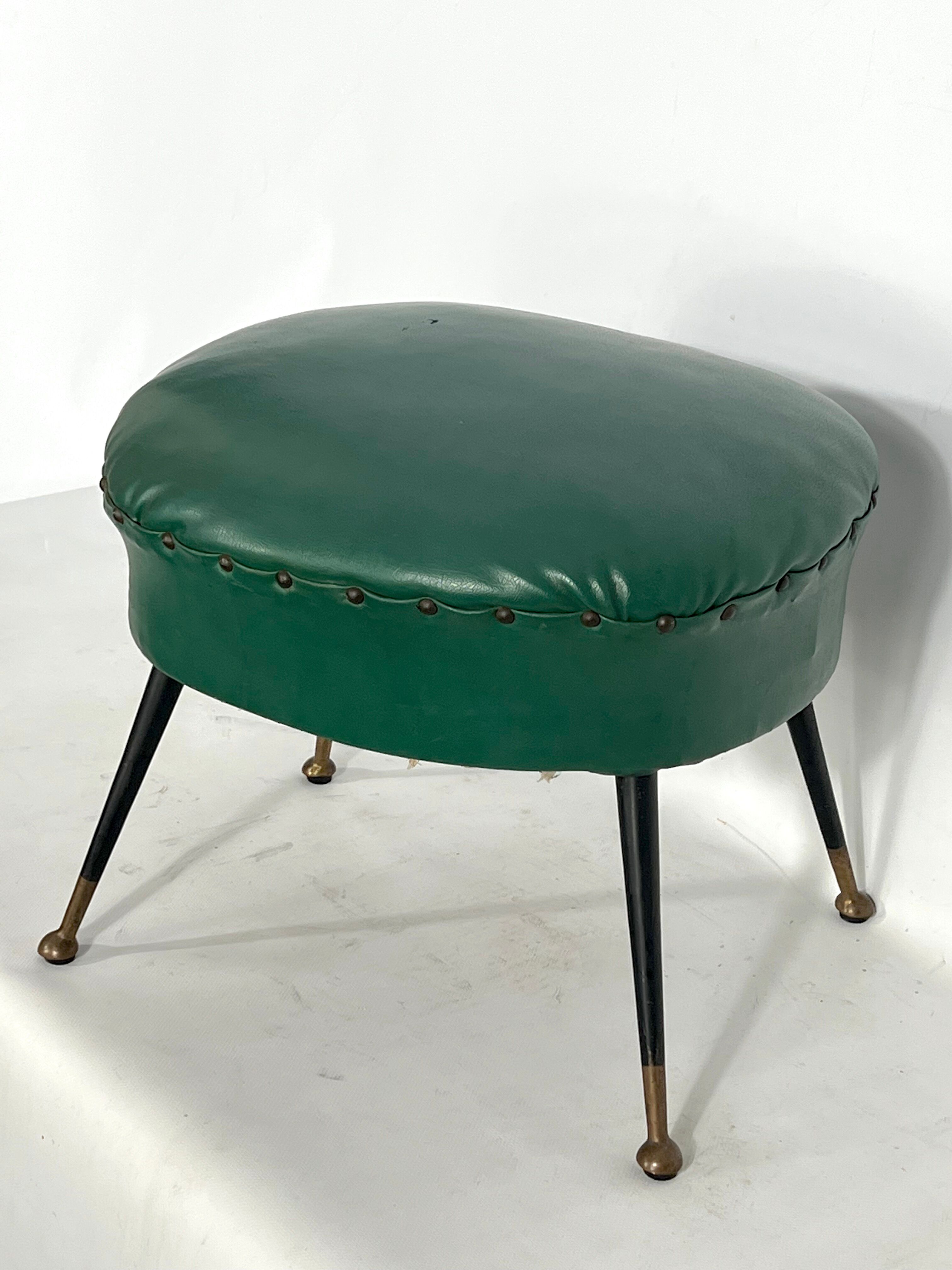 Vintage Italian green leatherette pouf with brass feet from 50s