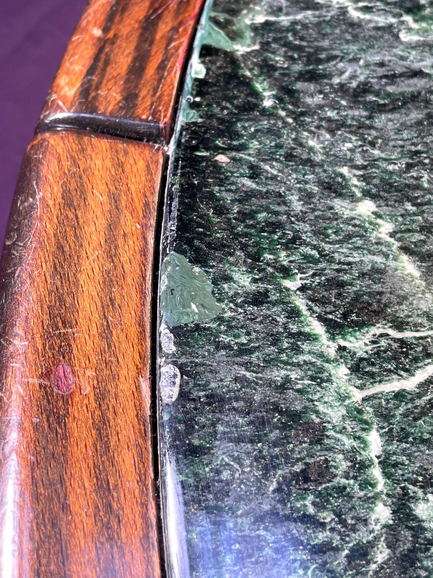 Vintage green sea marble and rosewood table from the 1970s.