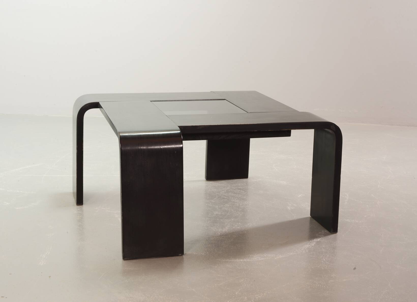Square Black Lacquered Plywood Coffee Table with Smoked Glass Panel, 1970s
