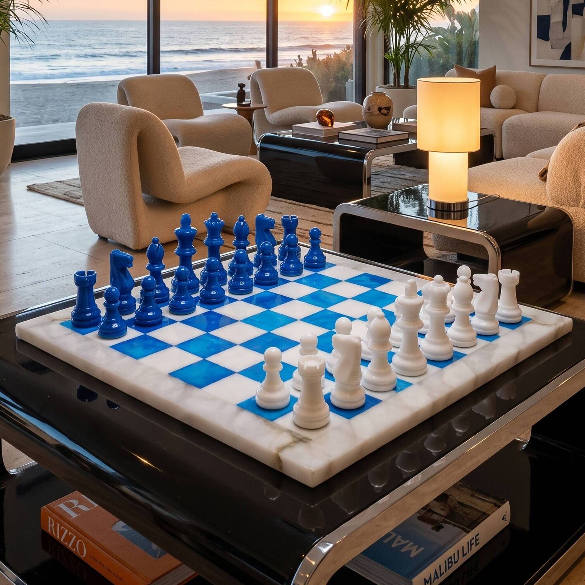 1970s gorgeous sky blue and white chess set in Volterra alabaster handmade. Made in Italy