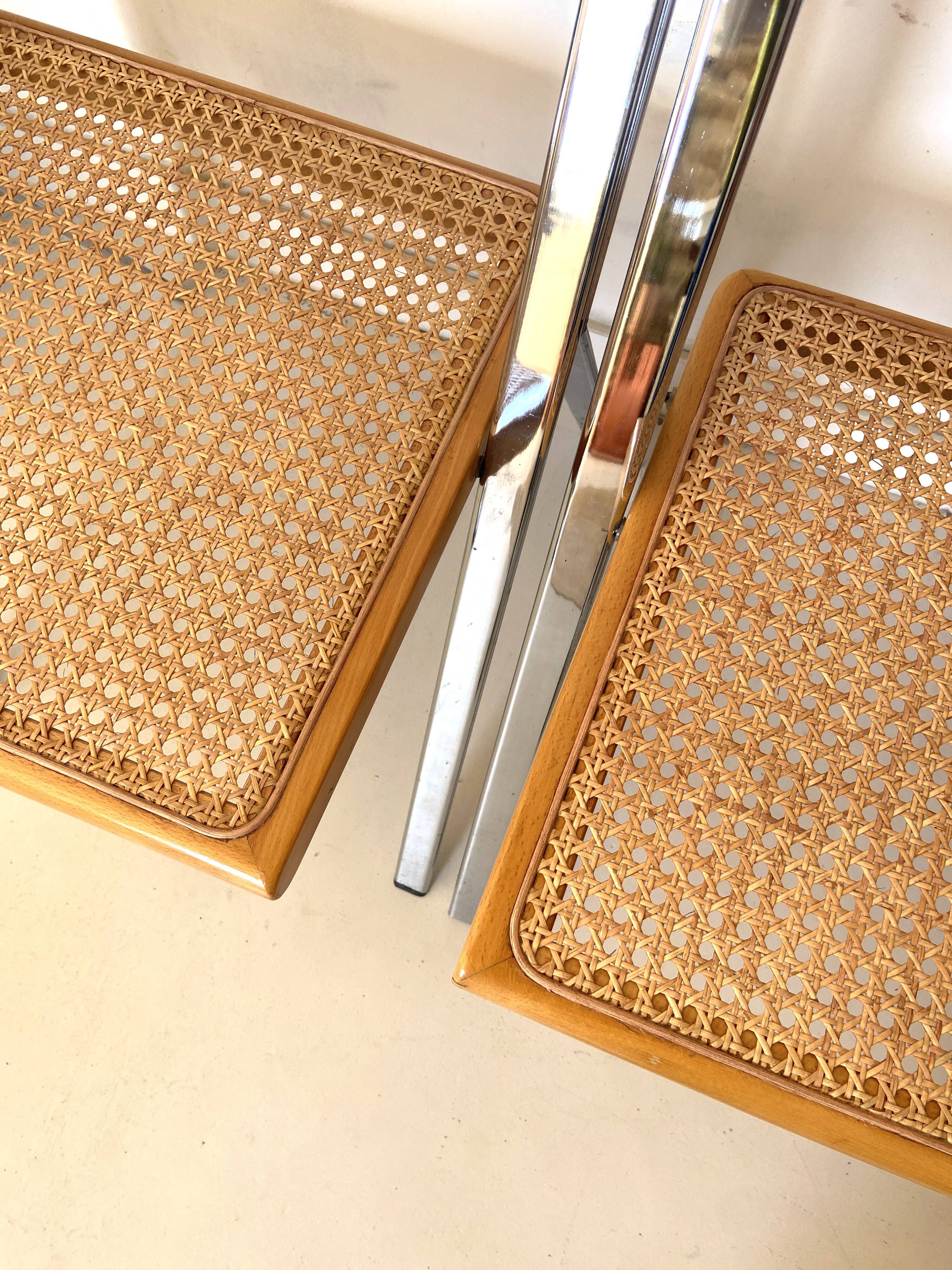 Set of 4 folding chairs with cane and chrome, Cidue by Gorgio Cattelan, 70s.