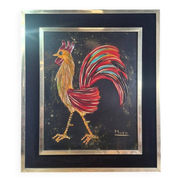 Relief rooster tableau mixed technique signed Muro 1970s